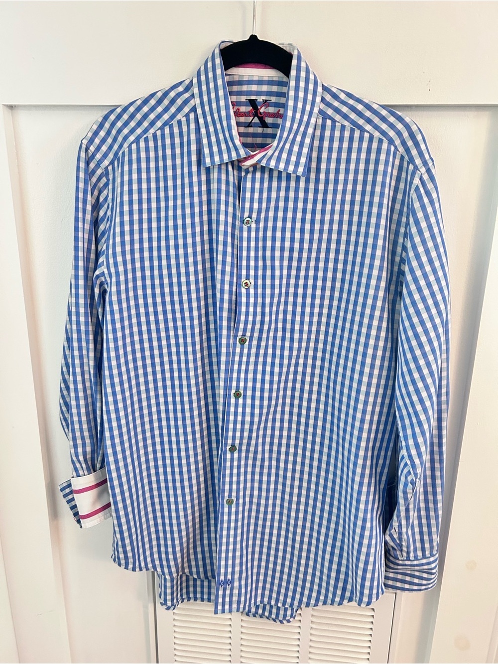 Robert Graham Blue White Gingham Button Down Shirt Flip Cuff Men’s Medium